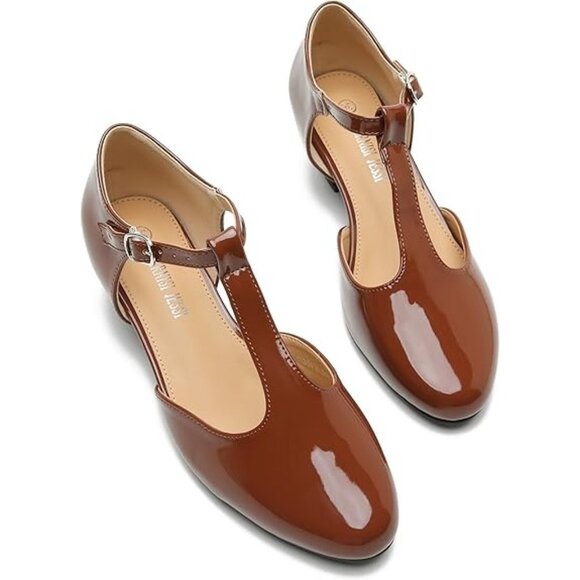 Womens T-Strap Low Chunky Heel Mary Jane Pumps Brown Patent Size 12.5 (45) - Picture 4 of 13